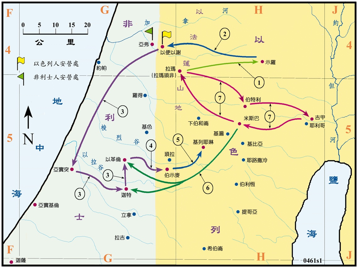 上图：撒母耳任以色列先知：1、撒母耳出生在以法莲山地的拉玛，到断奶之后即被送到示罗献给耶和华，在祭司以利面前学习事奉神（撒上一19-二11）；2、以色列人与非利士人交战，以色列被非利士人打败，就把约柜从示罗运到以便以谢（撒上四1-4）；3、以色列被非利士人击败，约柜被掳，非利士人把约柜运到亚实突，又运到迦特，再运到以革伦，约柜在非利士地七个月，每到一地都会发生大灾难（撒上四10-11，五1-12）；4、非利士五城各备礼物赔罪，将约柜送到伯示麦还给以色列人（撒上六1-16）；5、伯示麦人擅观约柜，多人被杀，请基列·耶琳的人将约柜迎去，约柜就在基列·耶琳许久，直到大卫王时才被迎往耶路撒冷（撒上六19-七2）；6、撒母耳努力二十年后以色列人重归耶和华，在米斯巴击败来袭的非利士人，收复了失土，从以革伦直到迦特，平静了二十年（撒上七5-14）；7、撒母耳每年巡行到伯特利、吉甲、米斯巴，随后回到拉玛（撒上七15-17）。